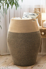 Goodpick 105L jute rope laundry hamper full view in a modern bedroom for organized laundry storage.