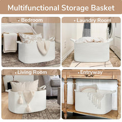 Goodpick blanket basket large white rope-close-up reveals soft, durable texture.