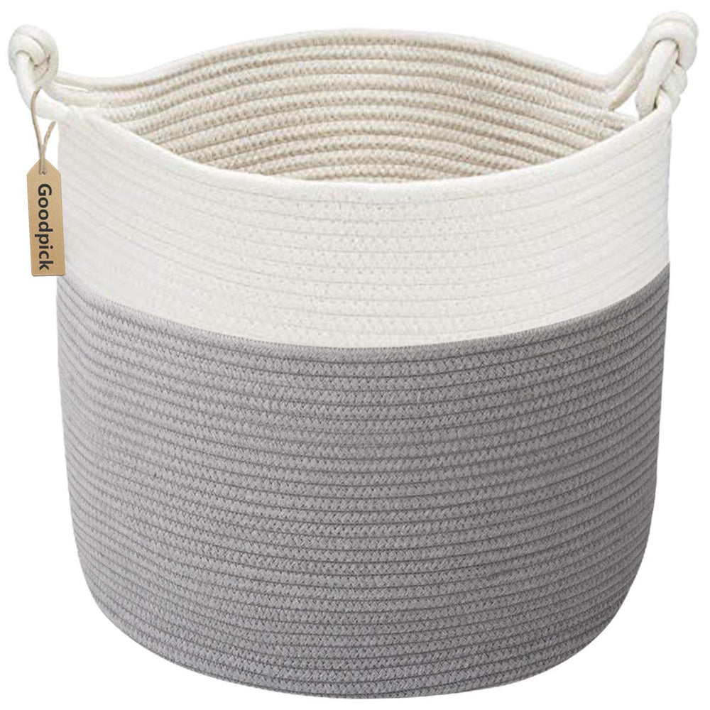 Goodpick cotton rope storage basket front view in gray, stylish home organizer.