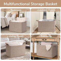 Goodpick large basket in living room for organized clothing and blankets.