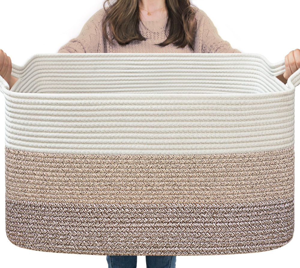 Goodpick large woven basket filled with blankets for tidy living room storage