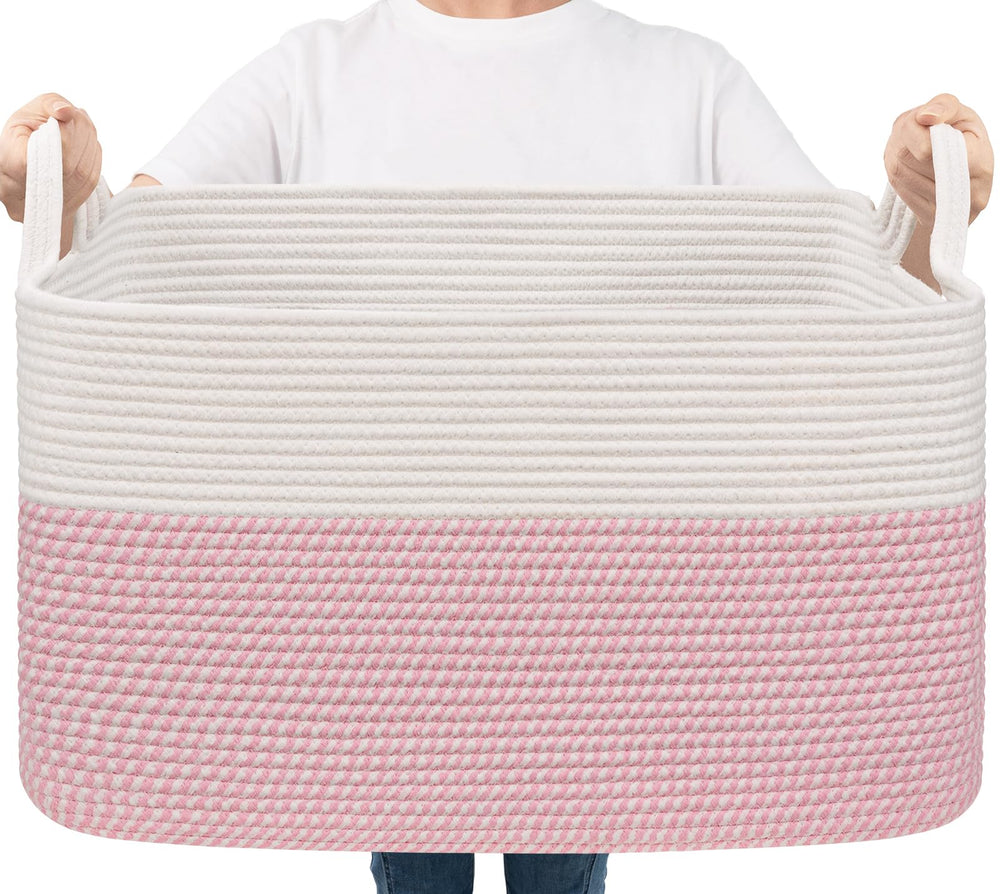 Goodpick large woven blanket basket, white-pink, ideal for nursery storage and laundry organization