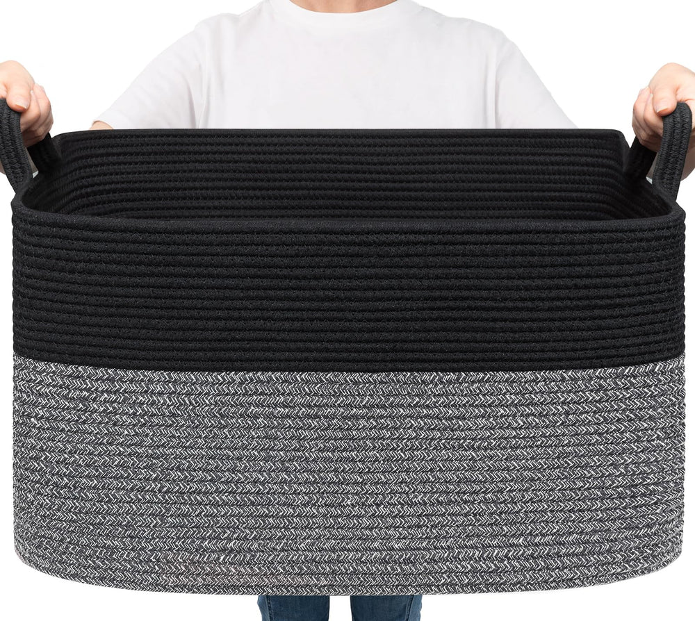 Goodpick Large Woven Blanket Basket open-top view shows sturdy handles for easy storage