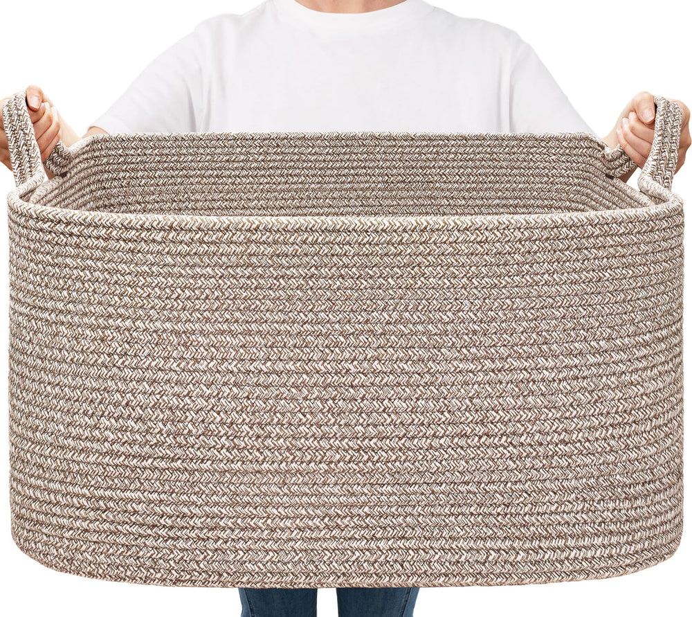 Goodpick large woven storage basket filled with blankets for organized living room storage