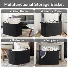 Goodpick Rectangle Cotton Rope Basket in bedroom keeps clothes organized.