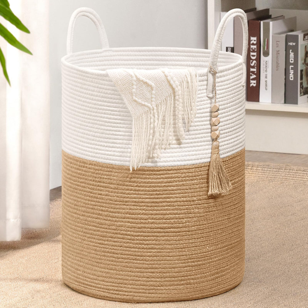 Goodpick woven laundry basket front view with ample storage for blankets and clothes