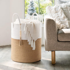 Goodpick woven laundry basket side view highlighting sturdy rope construction and capacity