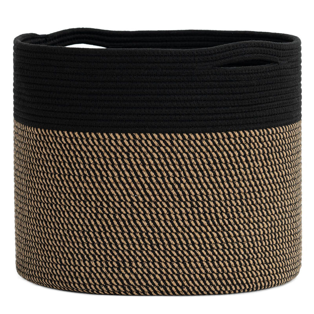 Goodpick Woven Rope Storage Basket in black, side view with hidden handles for easy transport and organization.