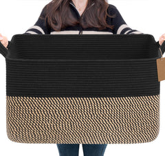 Goodpick woven storage basket rectangle in black and jute, ideal for organizing blankets.