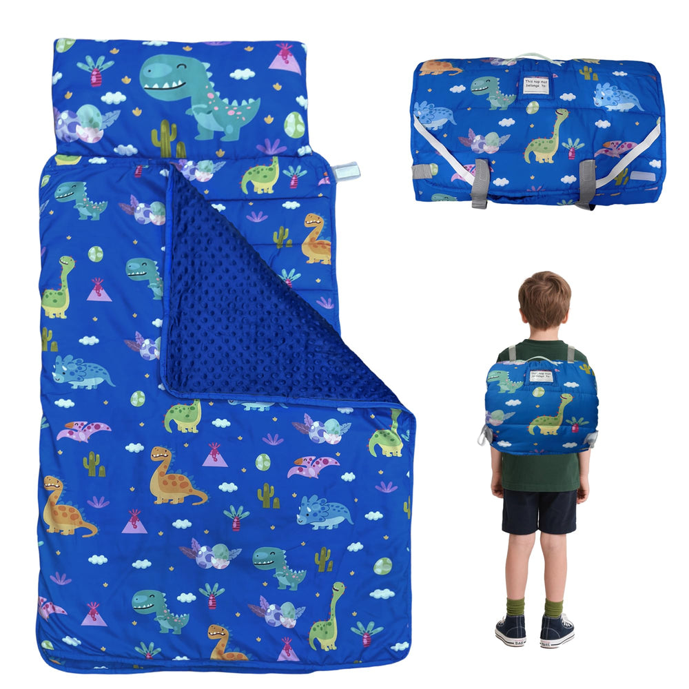 Googgoing nap mat blue dinosaur pattern roll-up for easy storage during travel.