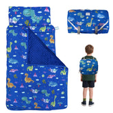 Googgoing nap mat blue dinosaur pattern roll-up for easy storage during travel.