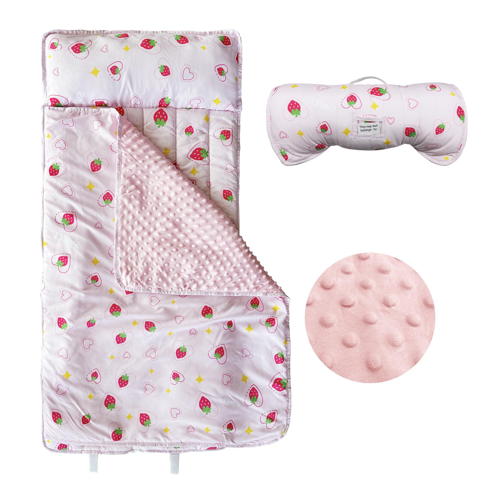 Googgoing toddler nap mat in pink strawberry pattern unfolded for cozy nap time