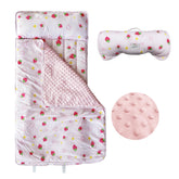 Googgoing toddler nap mat in pink strawberry pattern unfolded for cozy nap time