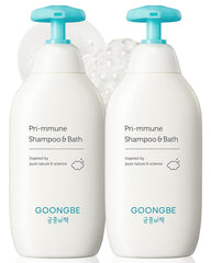GOONGBE Pri-mmune shampoo-bath bottle pour shows gentle cleansing for sensitive skin.