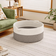 GOPAS large woven laundry basket in white and gray keeps laundry organized.
