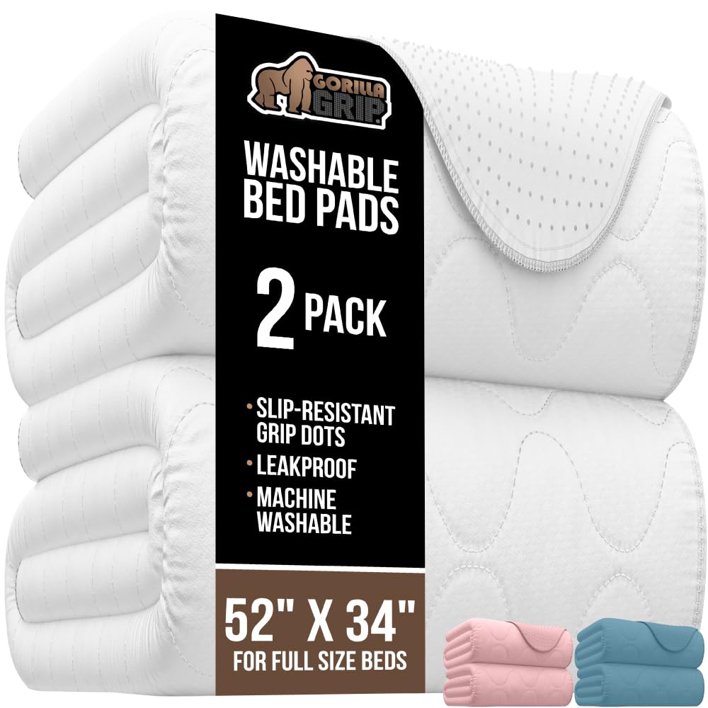 GORILLA GRIP underpads with leak-proof edges provide overnight protection.