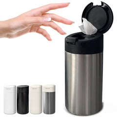 Gosnold extra-large wipes dispenser with black lid, front view for stylish, space-saving storage.