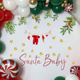 Gostman Santa Baby decal creates a festive baby shower background for photos.