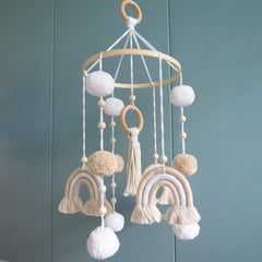 Goukurlsma neutral boho rainbow baby mobile with bamboo ring for crib visual stimulation and decor.