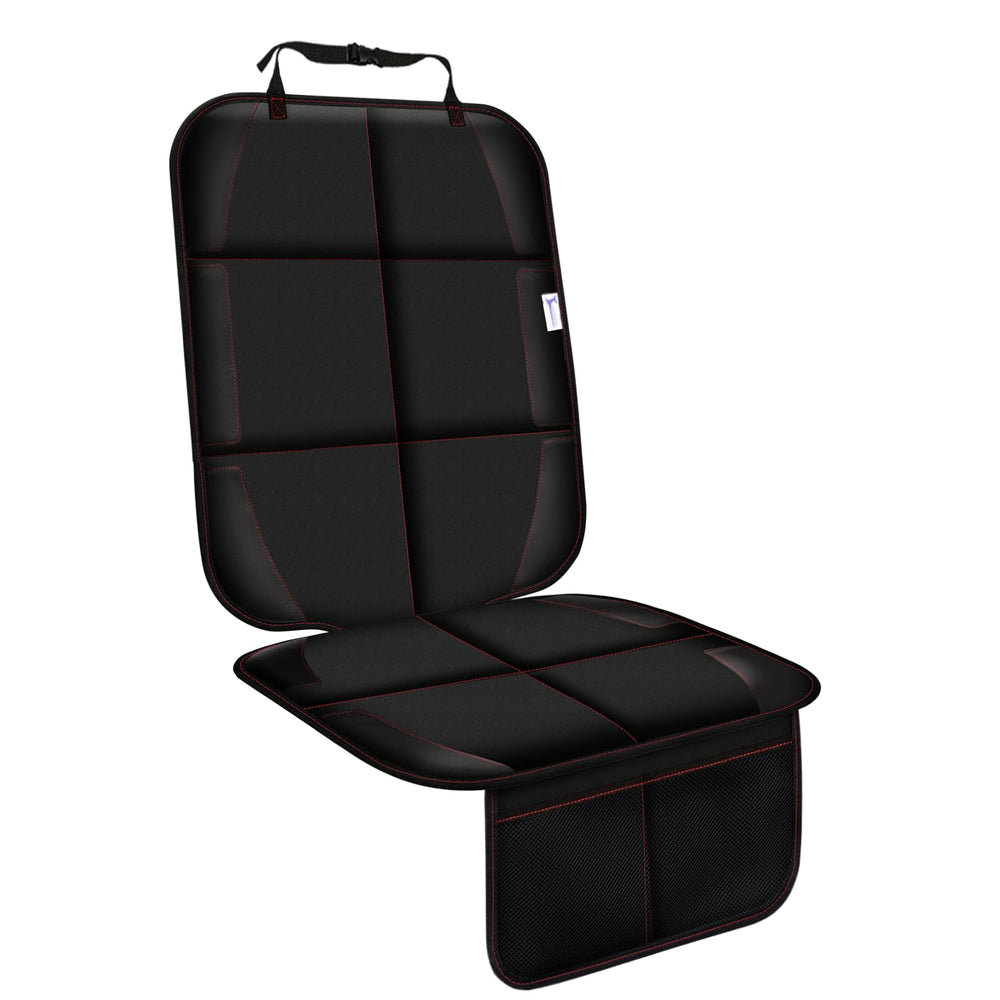 Gowhalle car seat protector shows thick padding protecting leather seats during kids' rides.