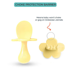 Grabease utensils set yellow, complete self-feeding kit for early solids with BPA-free plastic.