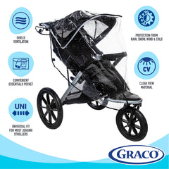 Graco rain cover unpacked and installed quickly keeps baby sheltered in seconds.