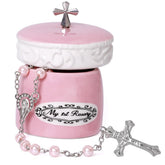 Grandeco pink rosary beads closeup for baptism keepsake and blessing gift