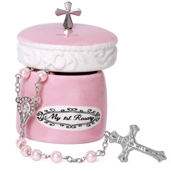 Grandeco pink rosary beads closeup for baptism keepsake and blessing gift