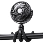 GRANDFAST portable stroller fan wrapped around a stroller showing flexible tripod for hands-free cooling.