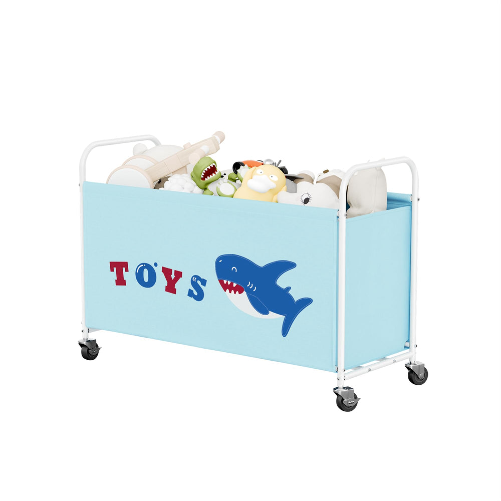 GRANNY SAYS toy box blue wheels front view with silent glide for living spaces.
