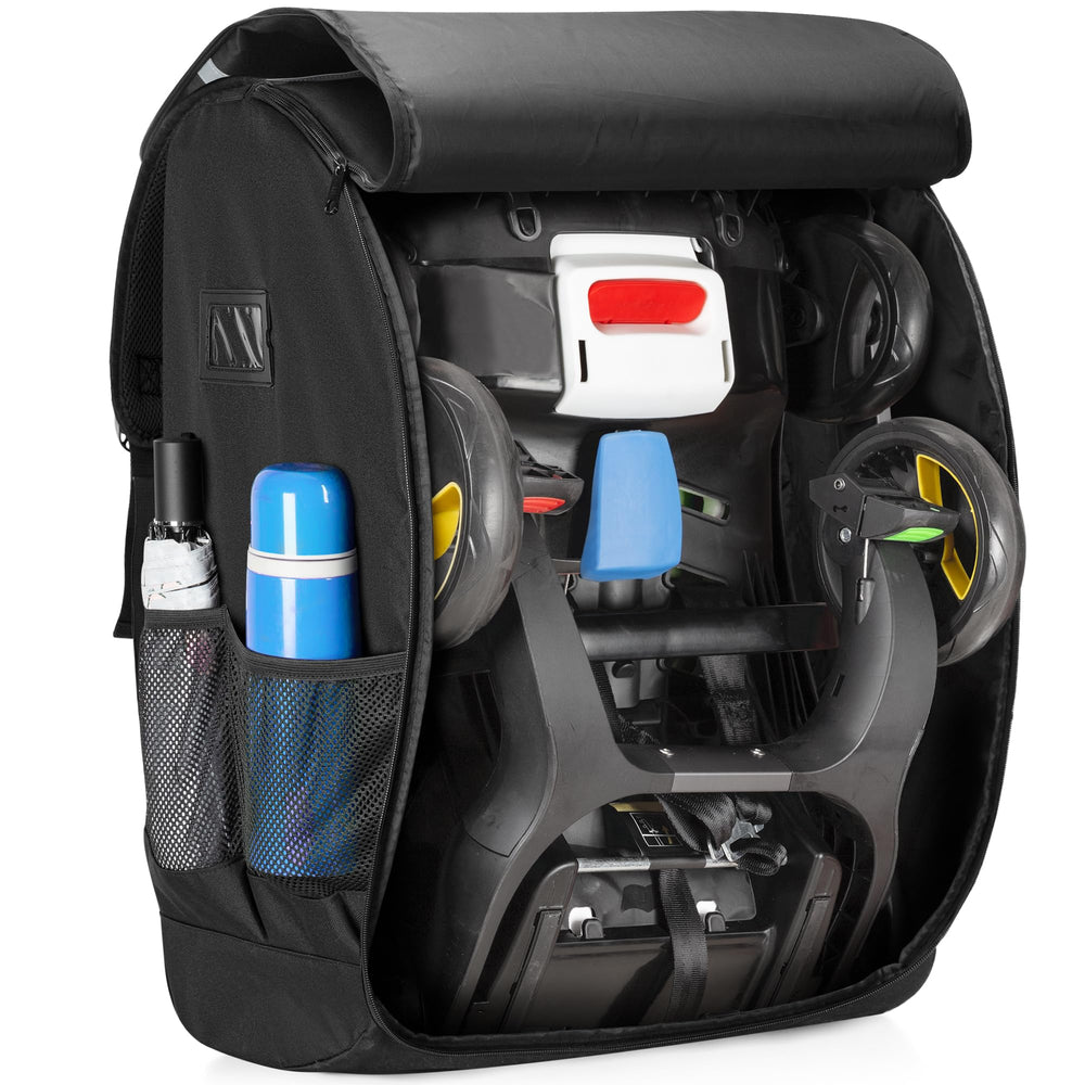 GRAOSO Doona travel bag shown in backpack carry mode for easy hands-free travel.
