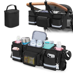 GRAOSO parent console under-handle strap setup keeps drinks and snacks within easy reach