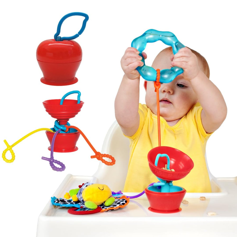 Grapple suction base-table attachment keeps toys within reach during meals.