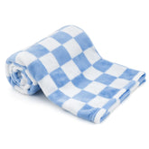 GreatBba plush checkered blanket in blue and white offering nursery warmth and cloud-soft feel.