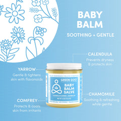Green Goo Baby Balm texture close-up illustrating plant-based ingredients for soothing irritated skin.