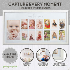 Green Pollywog baby frame snow-white mat close-up with My First Year for keepsakes