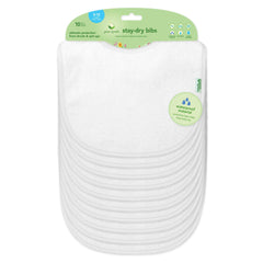 Green Sprouts Stay-Dry bibs pack front shows ten white bibs for daily spill protection.
