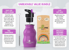 Greens Steel ergonomic bottle, comfortable grip for small hands during meals and play.