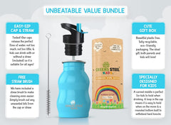 Greens Steel Kids Water Bottle blue powder-coated finish resists scratches for daily use.