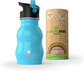 Greens Steel Kids Water Bottle blue ergonomic grip for secure holding during playtime.