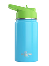 Greens Steel Kids Water Bottle blue front view shows leak-proof design for backpacks