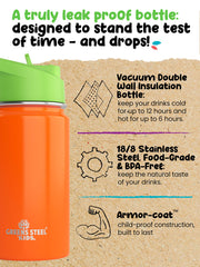 Greens Steel Kids Water Bottle orange side view with straw for easy sipping