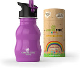 Greens Steel kids bottle with purple cap, kid-friendly design for on-the-go hydration.