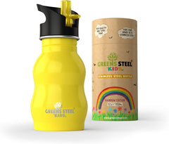 Greens Steel Kids Water Bottle yellow front closeup highlights durable stainless steel for everyday school use
