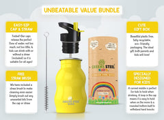 Greens Steel Kids Water Bottle yellow straw in action highlights easy sip for toddlers