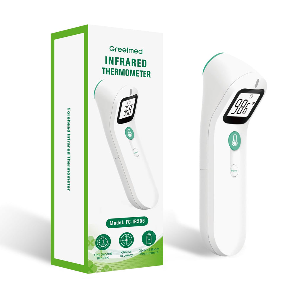 Greetmed no-touch-forehead-thermometer-front-view shows quick 1-second readings for busy mornings.