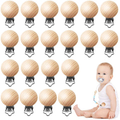 Greneric beech wood pacifier clip close-up shows natural grain and sturdy hardware.