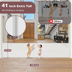 GRENFU baby-pet gate with support rods open reveals sturdy mesh and easy monitoring.