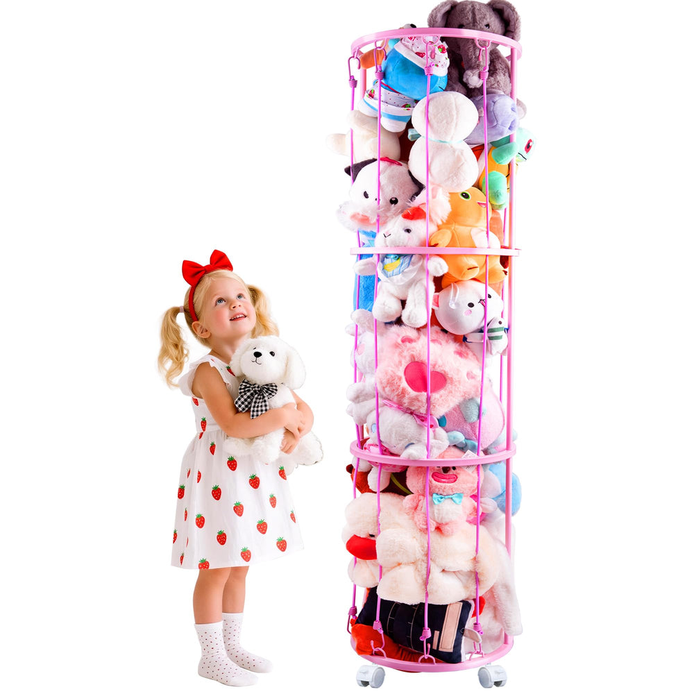 GRETJOB metal stuffed animal storage with wheels for easy mobility and organization.