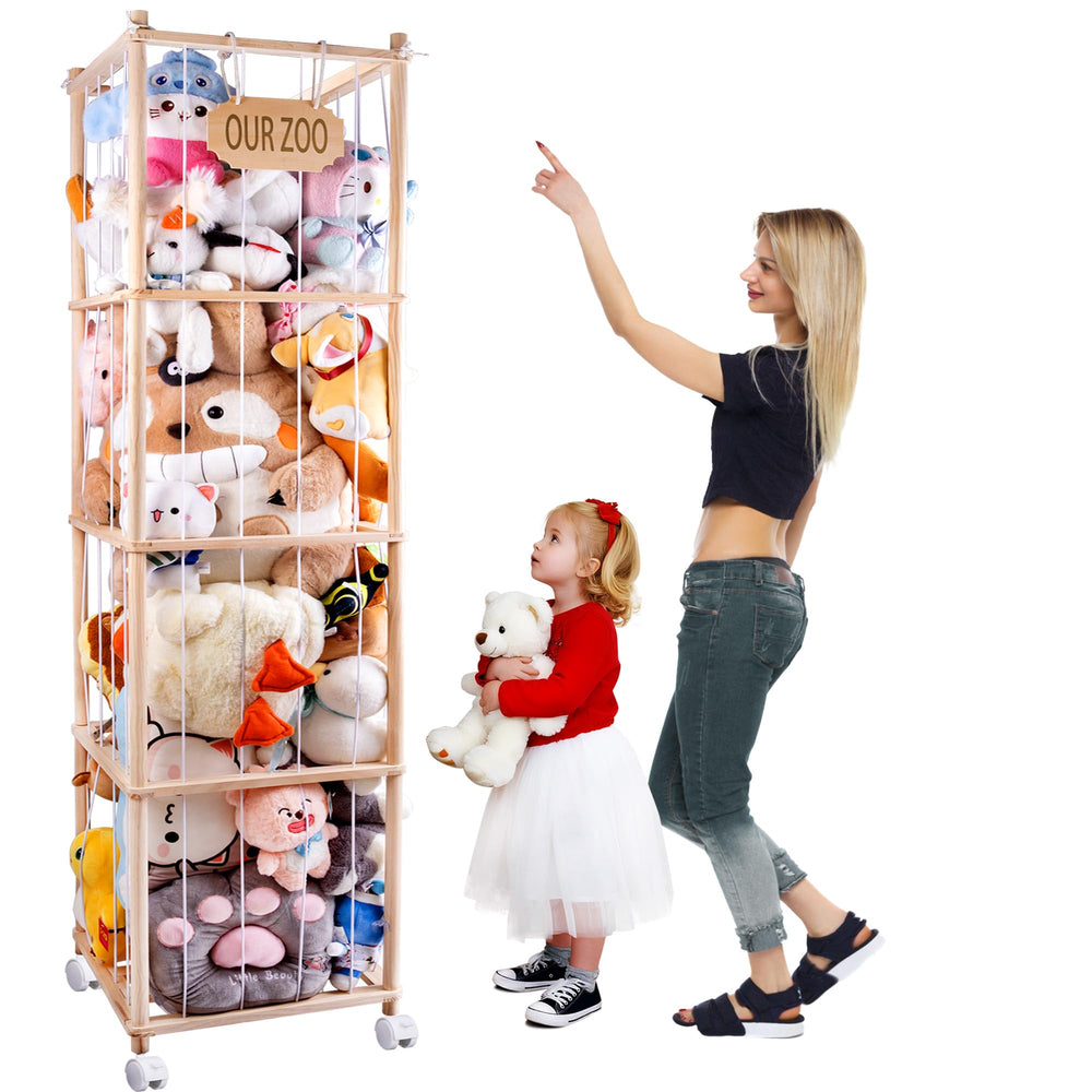 GRETJOB stuffed animal storage organizer with wheels shown in side view for easy nursery mobility
